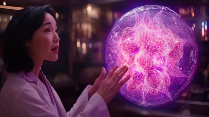 Naklejka premium Woman Engaging with Futuristic Holographic Technology in Lab Setting