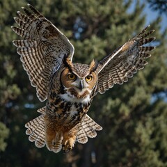 Obraz premium A great horned owl gliding with wings fully extended.