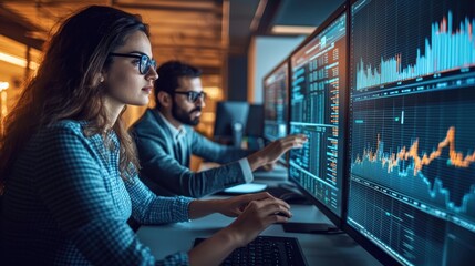 Young Professionals Analyzing Data on Multiple Computer Screens