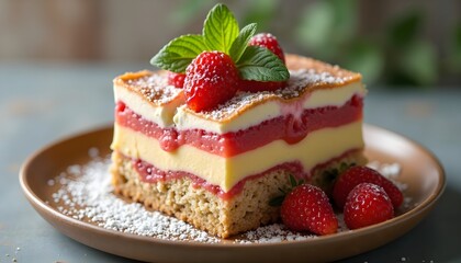 Delicious layered cake with strawberries and mint garnish.