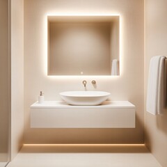 Floating mirror effect in a minimalist futuristic bathroom, hidden LED illumination