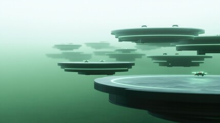 Floating platforms emerge in misty depths, creating an ethereal