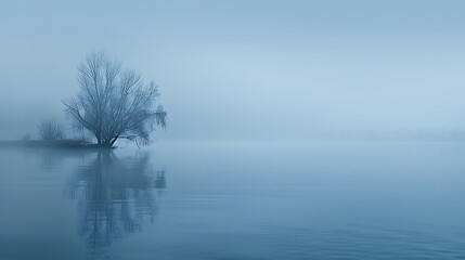 Ein See mit Nebel und einen Strauch.