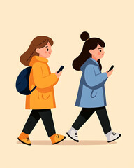 Two girls walking, engrossed in phones