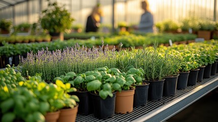 Herbs and plants thriving in a greenhouse as customers explore the lush greenery during the golden hour
