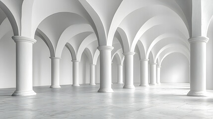 Naklejka premium White Minimalist Hallway Interior with Numerous Columns and Arches