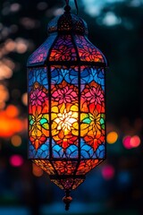 Vibrant, Ornate Ramadan Lantern with Bokeh Background Festive Greeting Card Design, Islamic Culture