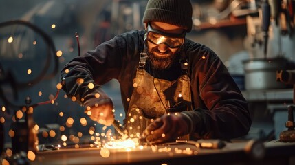 Focused Artisan Welding with Sparks in Workshop