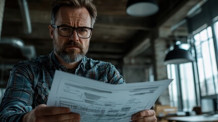 Thoughtful Man Reviewing Documents in Modern Office Setting