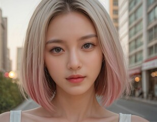 A young woman with a blonde bob haircut and pink tips gazes directly at the camera. Cityscape background with buildings and a street.