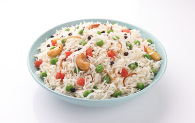 Pulao or Pulav, a vegetarian dish fragrant rice and vegetables garnished with cashews