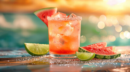 Watermelon Margarita. Tequila, fresh watermelon juice, lime juice, and a salted rim, garnished with a watermelon slice