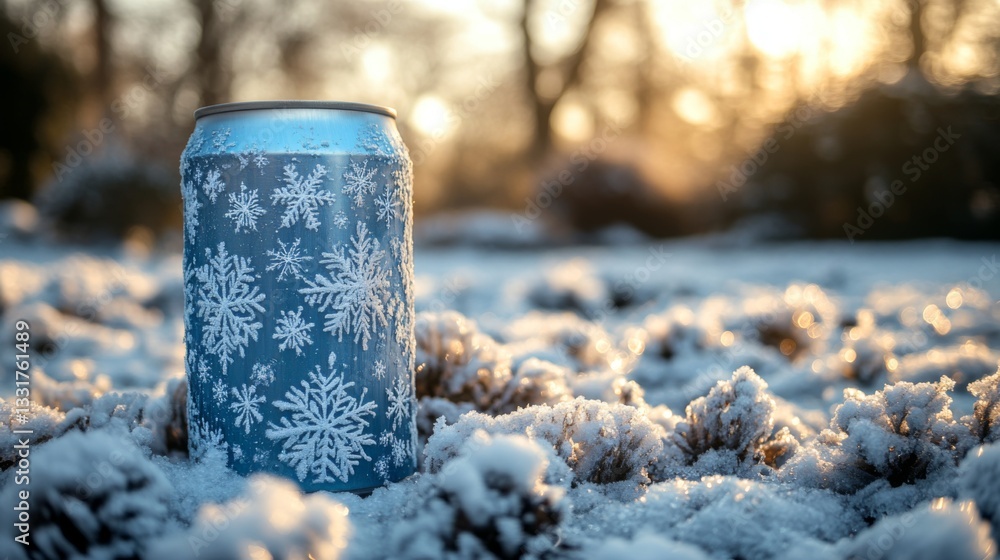 Poster a blue can adorned with snowflake designs sits on a blanket of fresh snow, glistening under the soft