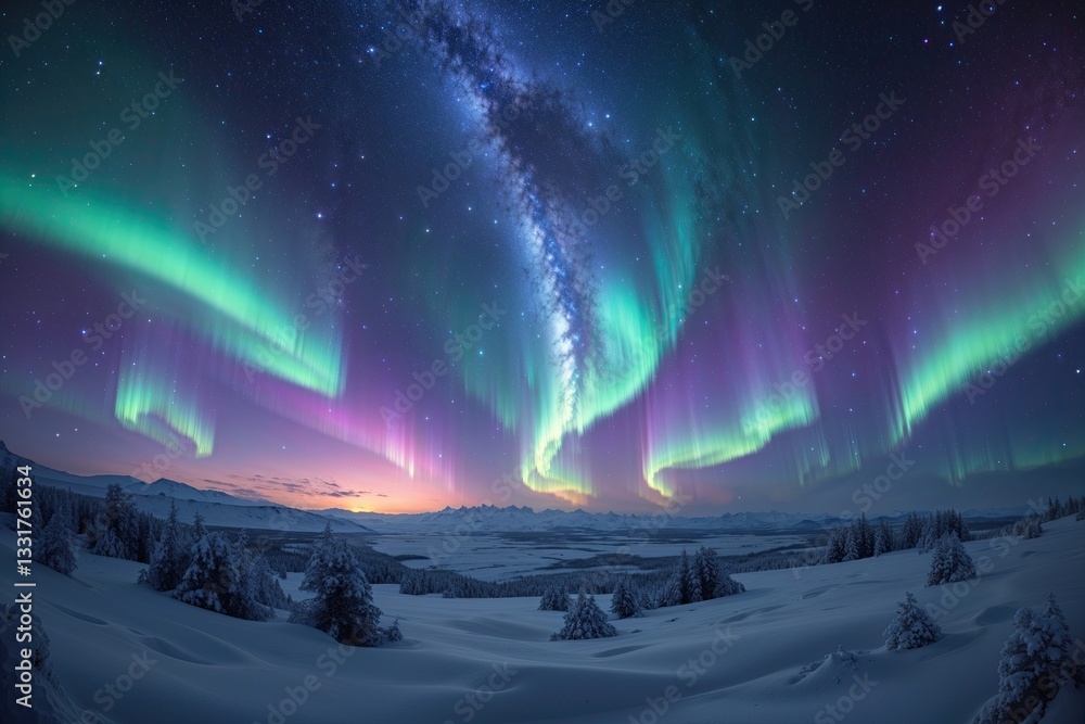 Poster immersive 360 degree equirectangular landscape with star clusters and auroras in a tranquil cosmic s