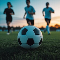 Fototapeta premium The image captures a dynamic outdoor sports photograph of a soccer ball on a grassy field, with blurred people and a warm sky, showcasing the excitement and anticipation of the game.