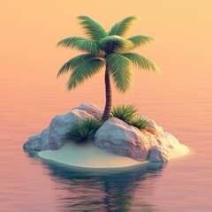 Obraz premium Tropical Island Paradise with Palm Tree and Beach Under Blue Sky