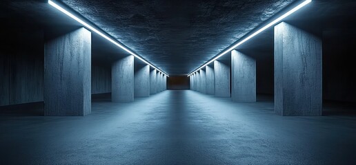 Brutalist Underground Hall with Concrete Pillars and LED Lights