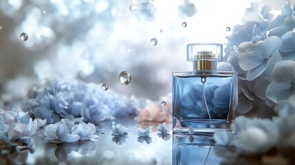 Elegant blue perfume bottle surrounded by delicate hydrangea flowers and water droplets.