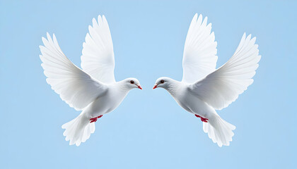 Two white doves in flight against a light blue sky
