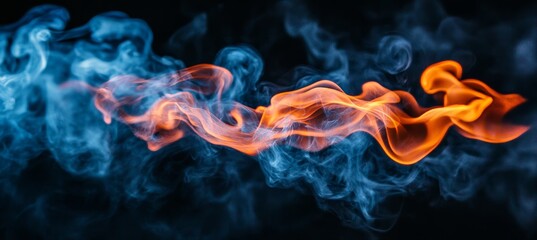 Abstract Vibrant Orange and Blue Flames and Smoke with Copy Space on Solid Black Background