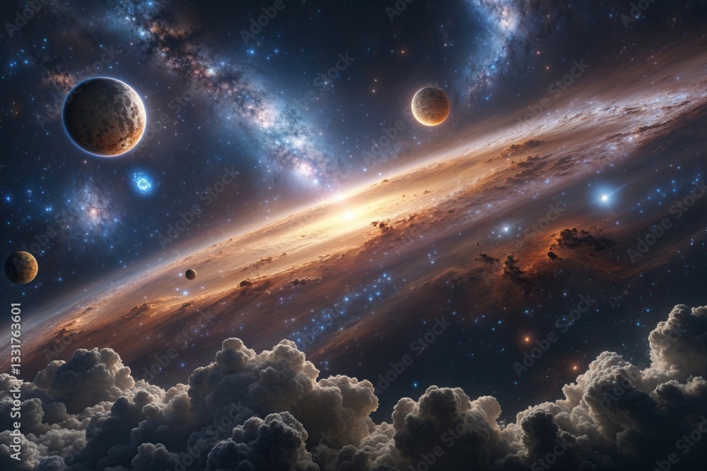Poster immersive 3d rendering of expansive cosmic universe featuring nebula and celestial bodies