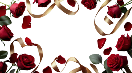 Red roses and gold ribbons frame on transparent background