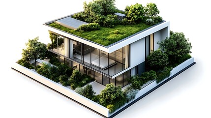 Fototapeta premium Isometric Modern House with Green Roof & Garden Ultra-Realistic Architectural Rendering