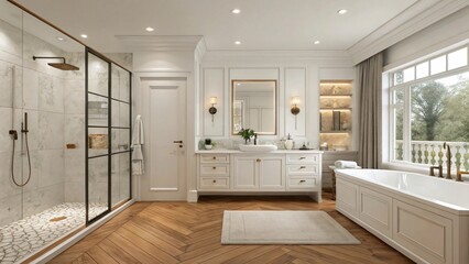 Modern Transitional Bathroom with Wood Floors and Freestanding Tub - Elegant, Spacious, and Bright Design