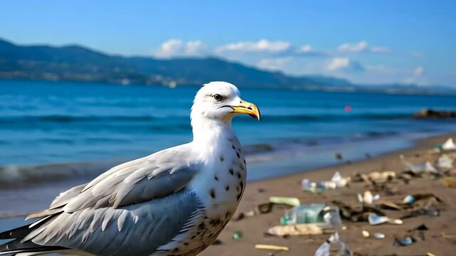 A seagull stands on the shore, surrounded by plastic waste.