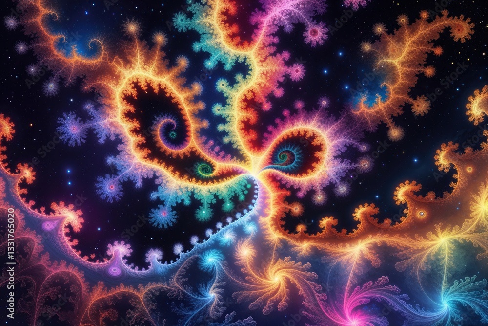 Poster cosmic fractal patterns blending colors in outer space illustration