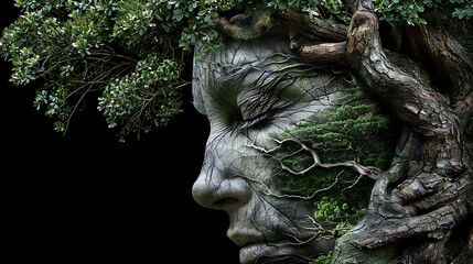 Ein Gesicht von einem Baum umschlungen.