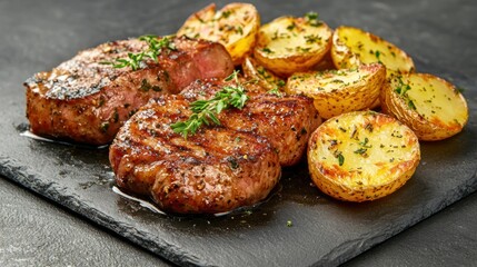 Grilled pork steaks served with crispy golden potatoes and garnished with herbs.