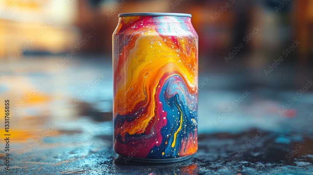 Leinwandbilder A vibrant can featuring an abstract galaxy design stands upright on a shiny surface, illuminated by artistic lighting in a creative space, evoking a sense of whimsy.