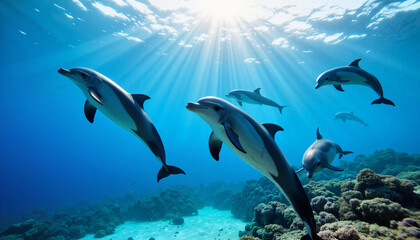 Fototapeta premium Friendly dolphins swimming in clear ocean water, joyful exploration