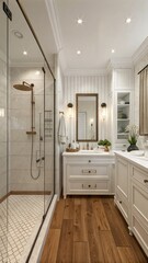 Modern Transitional Bathroom with Wood Floors and Freestanding Tub - Elegant, Spacious, and Bright Design