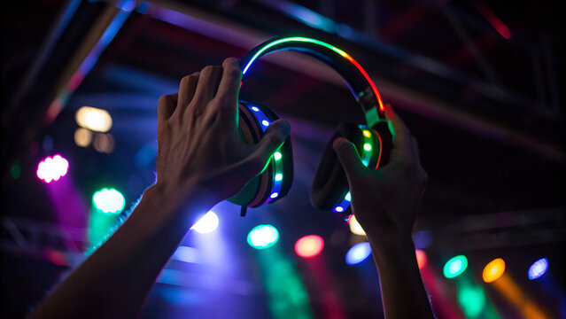 silent disco nightlife LED interactive Hands holding glowing headphones under colorful stage lights.