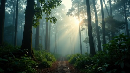 Obraz premium Dense humid equatorial forest in a mysterious winter morning. Hazy sunlight filters through the thick canopy, casting an eerie glow over the lush, misty undergrowth.