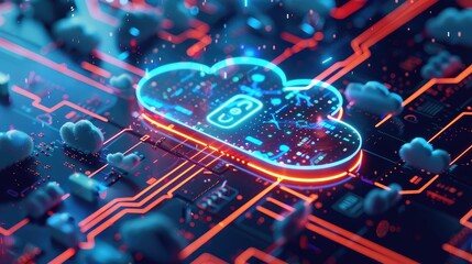 Fototapeta premium Abstract Cloud Computing Concept with Neon Colors and Circuitry Background