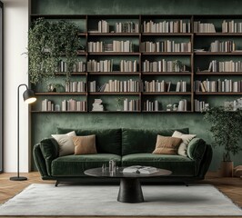 Modern Living Room with Minimalistic Interior Design Featuring Green Velvet Sofa and Decorative Elements