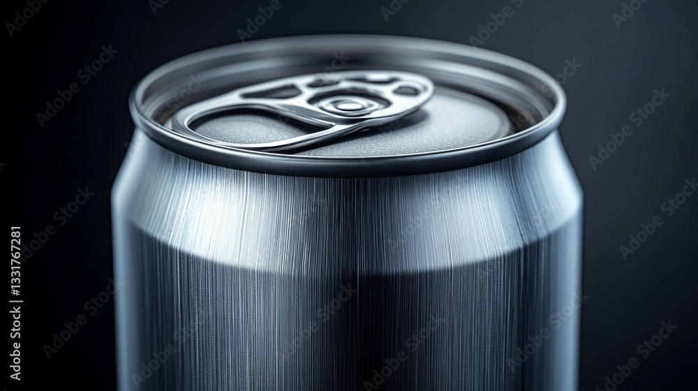 Poster a shiny metallic beverage can is shown closely, highlighting the pop top and smooth surface under so