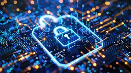 Cybersecurity Concepts Illustrated with a Neon Lock and Circuit Board