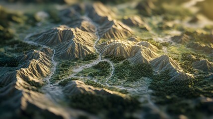 Detailed Voxel Mountain Landscape with Golden Sunlight