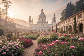 Obraz premium Ornate Building with Rose Garden