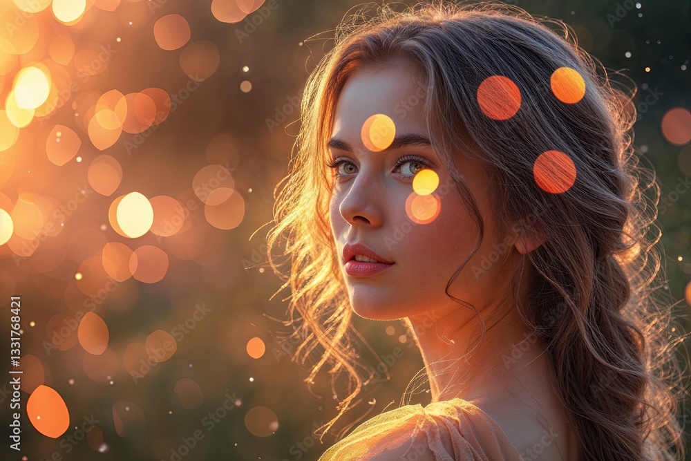Poster enchanting warm light effect with bokeh and radiant color overlay