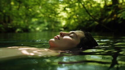 Fototapeta premium Serene figure floating in tranquil water, surrounded by lush gre