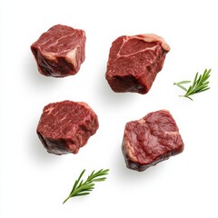 Four raw beef cubes are arranged with sprigs of rosemary on a white background, highlighting their freshness and culinary potential.