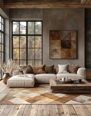 Obraz premium Modern Geometric Wool Rugs for Scandinavian Interior Design with Natural Patterns and Textures