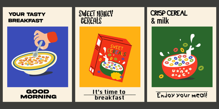 Collection of vintage posters with a healthy sweet breakfast. Crispy colorful cereal with milk. Cardboard box of honey flakes. Vector illustration in retro cartoon style