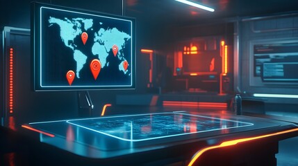 Futuristic Control Room with Glowing Digital World Map