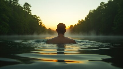 Sunrise reflection on tranquil water captures serene swimmer in